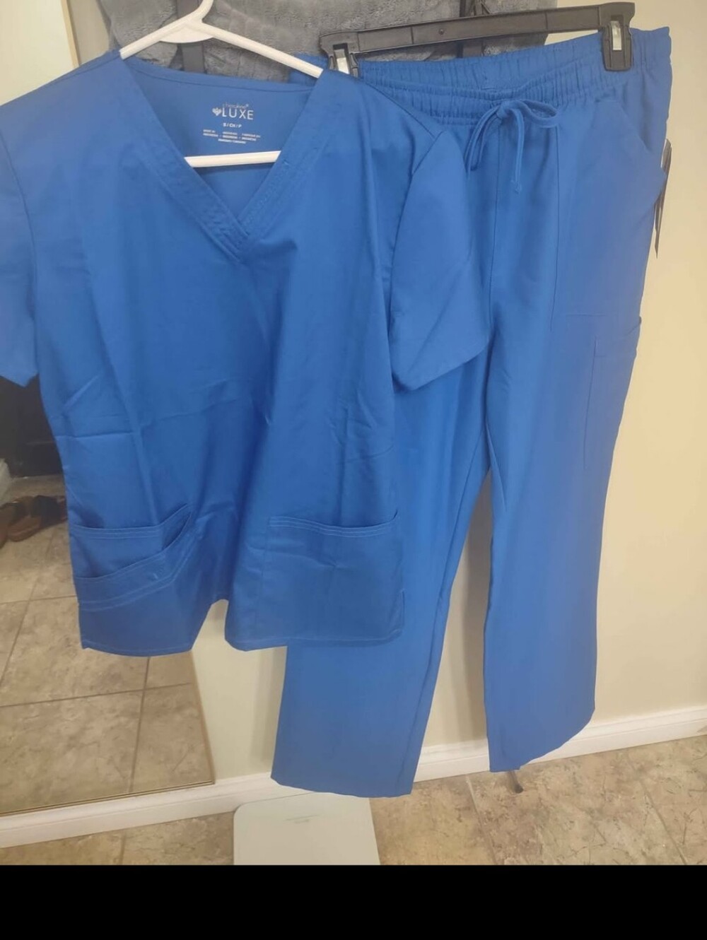 White Cross Blue Women's Scrub Top and Drawstring Pants Cherokee Brand